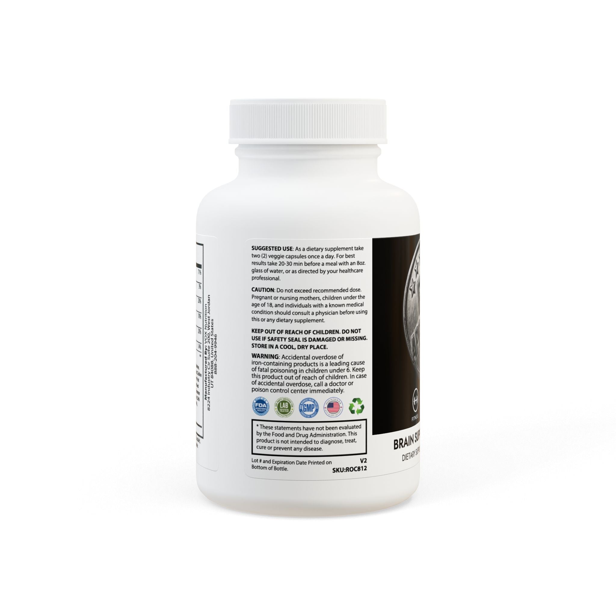 Supplement bottle with label on a white background