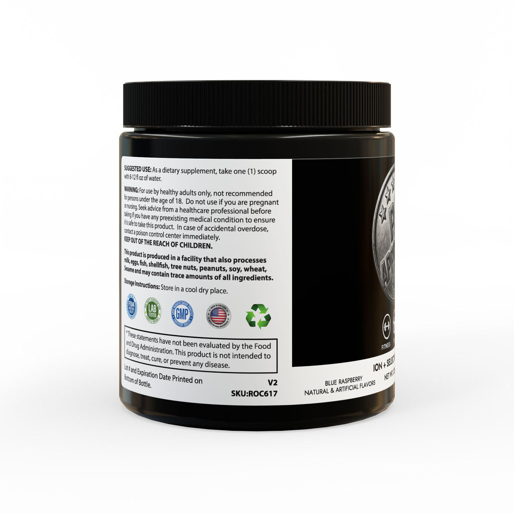 Black supplement container with label on a white background