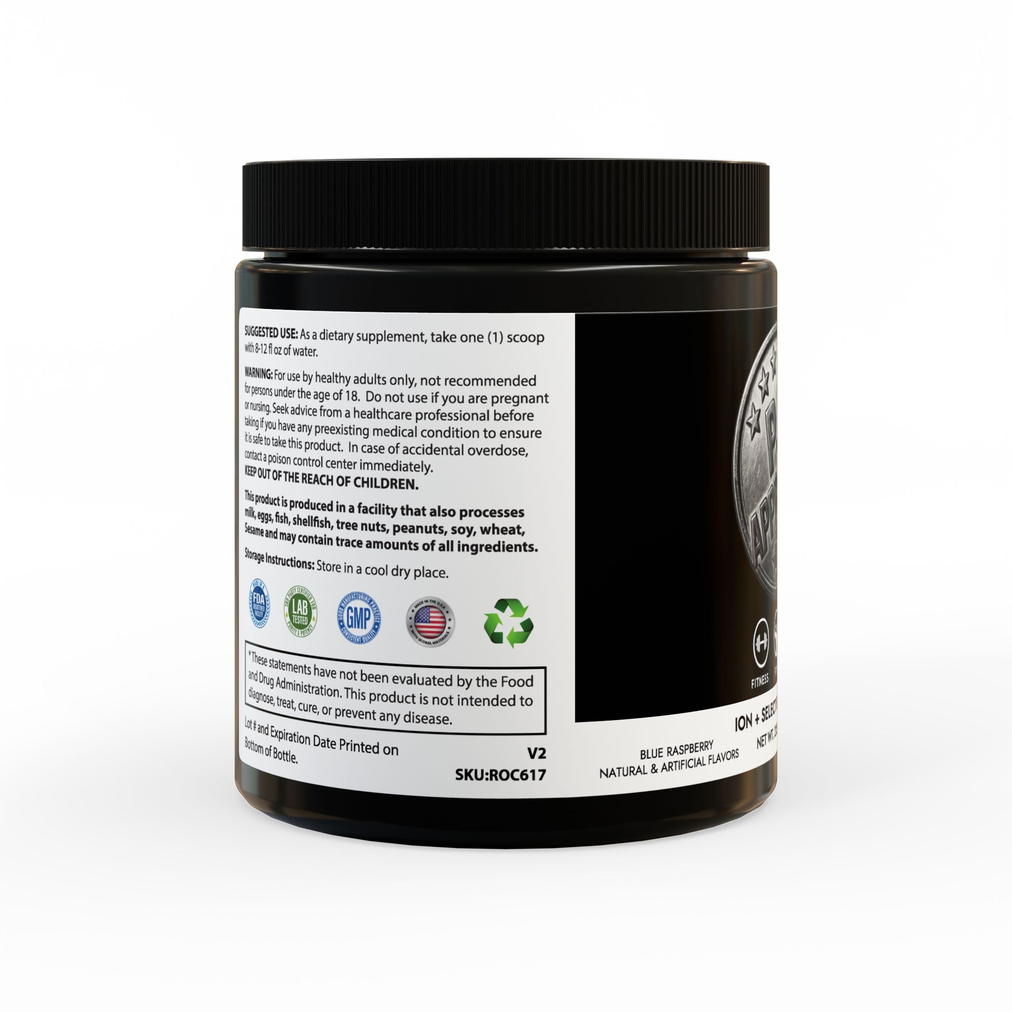 Black supplement container with label on a white background