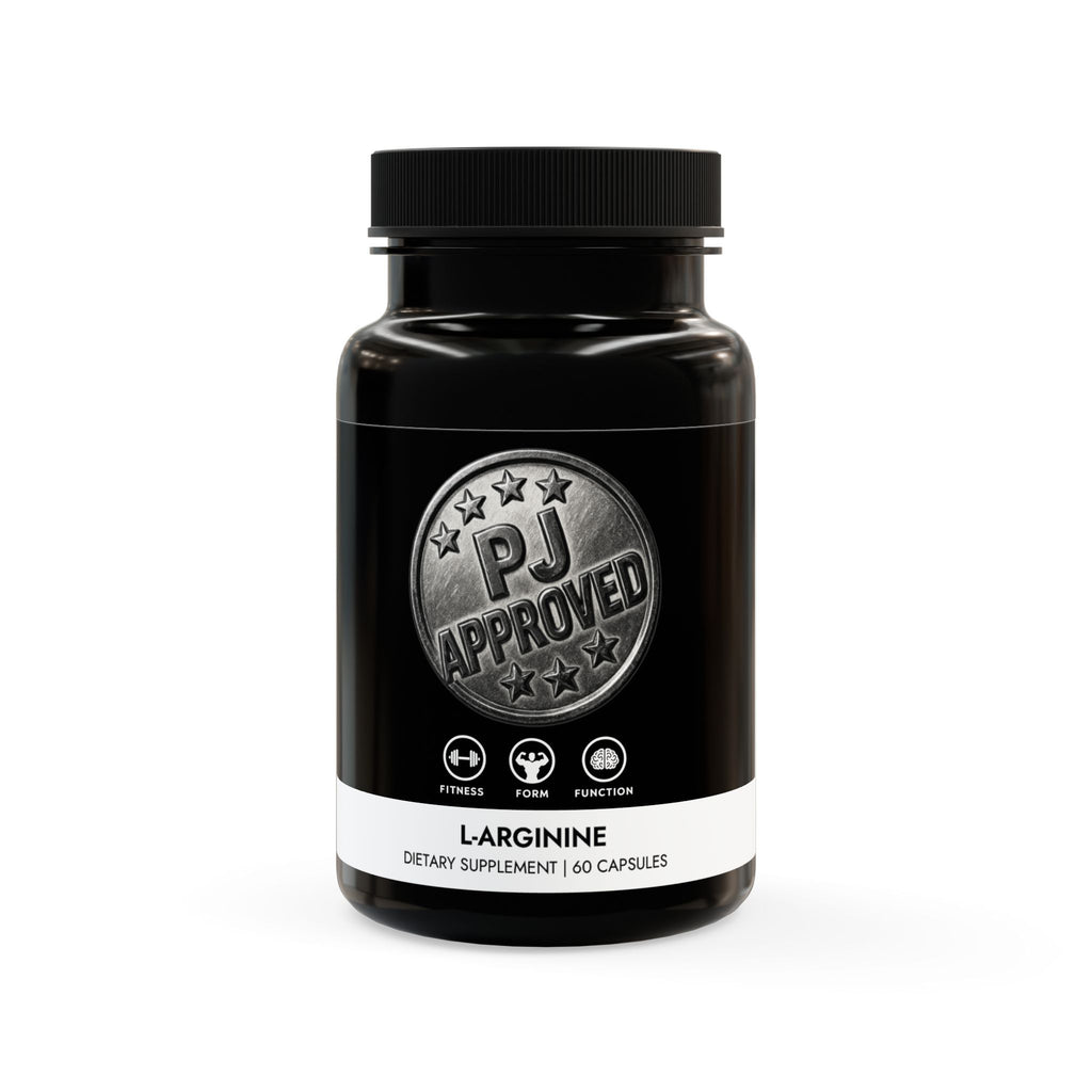 Black supplement bottle labeled 'PJ Approved' on a white background
