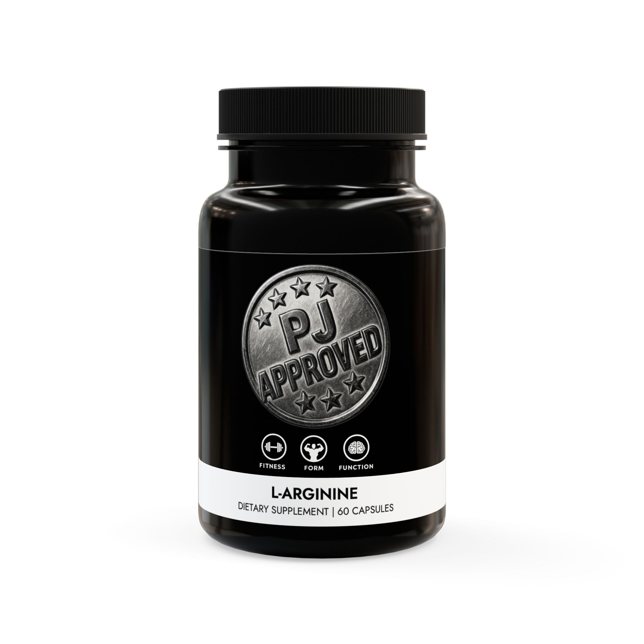 Black supplement bottle labeled 'PJ Approved' on a white background
