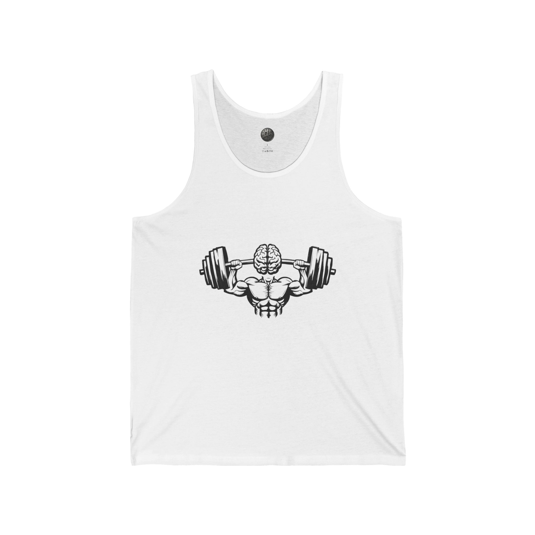 White tank top with a graphic of a muscular figure lifting weights on a white background