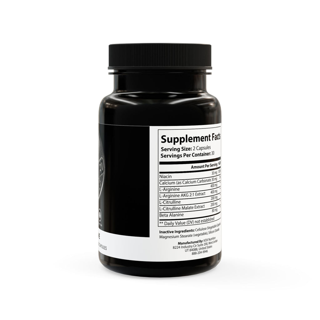 Black supplement bottle with white label on a white background