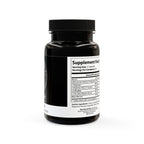Black supplement bottle with white label on a white background