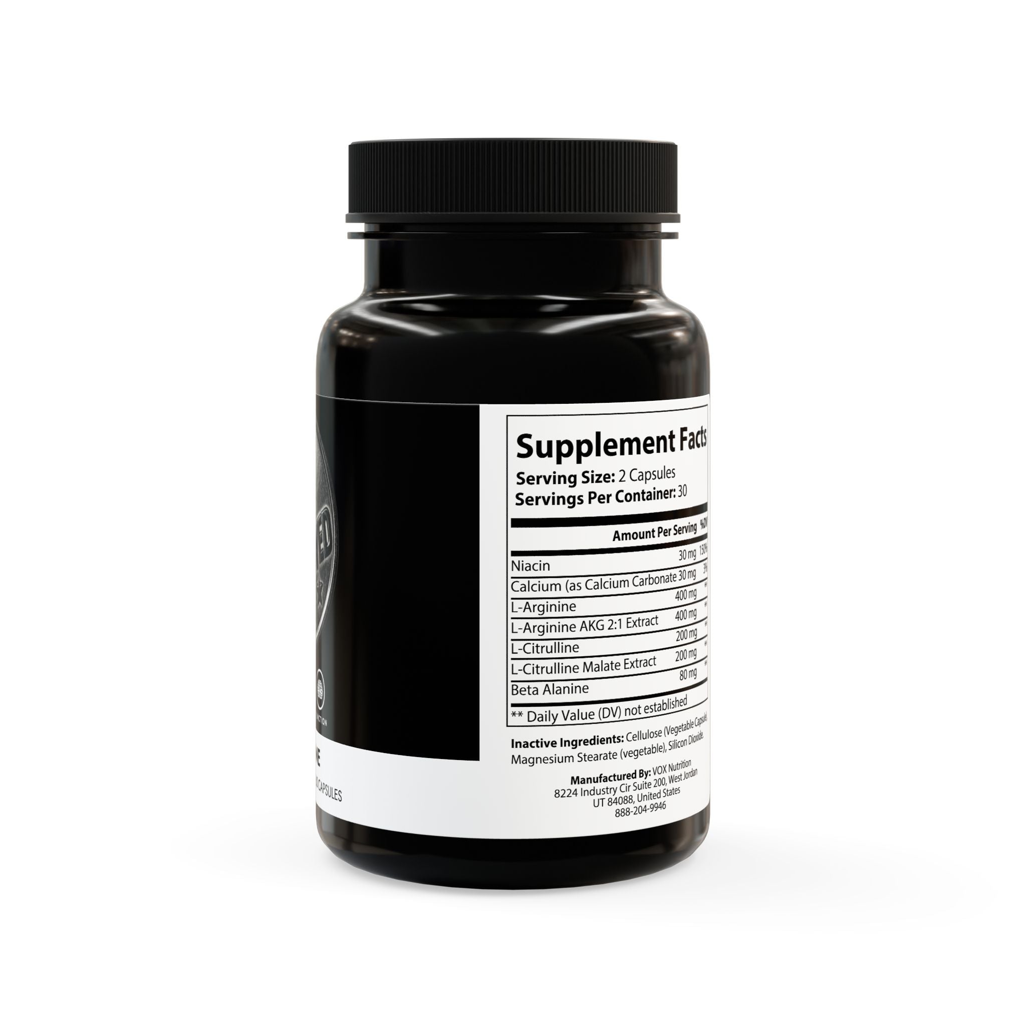 Black supplement bottle with white label on a white background