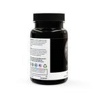 Black supplement bottle with label on a white background