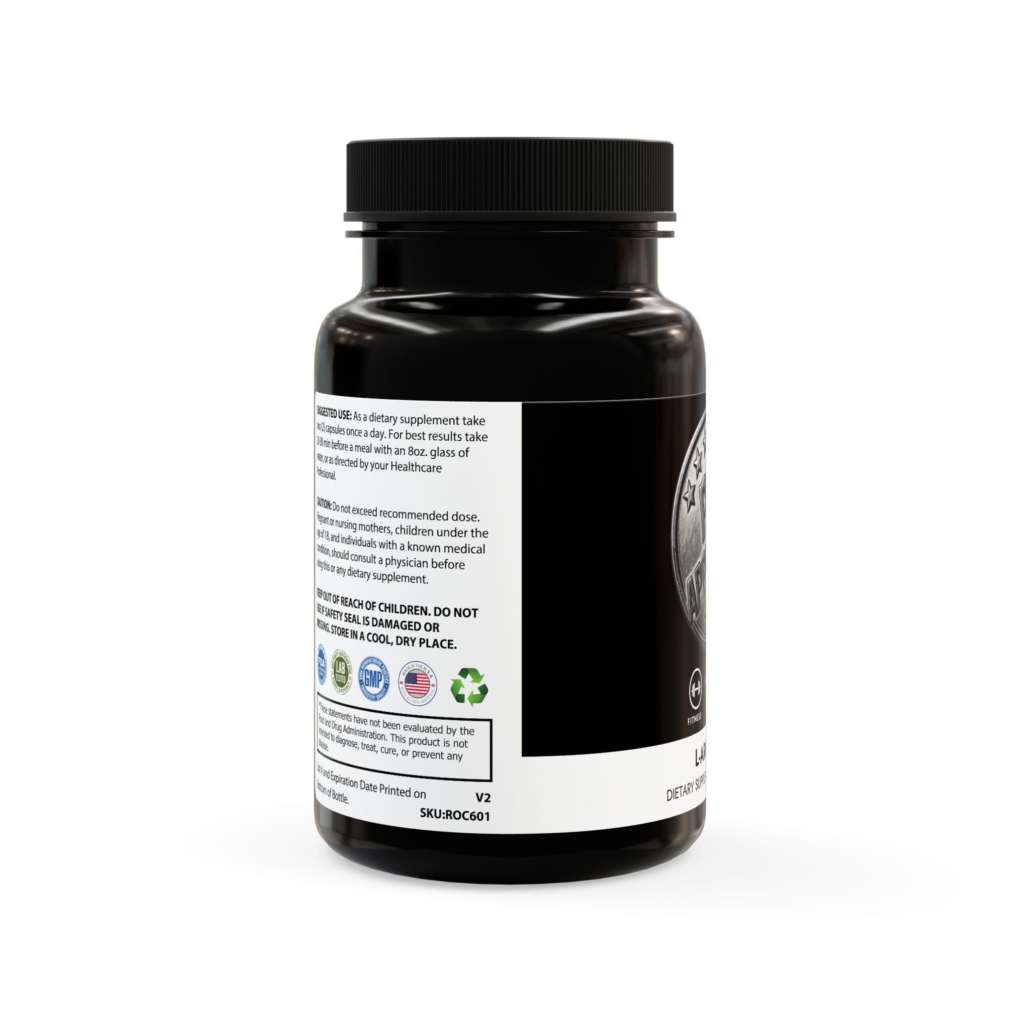 Black supplement bottle with label on a white background