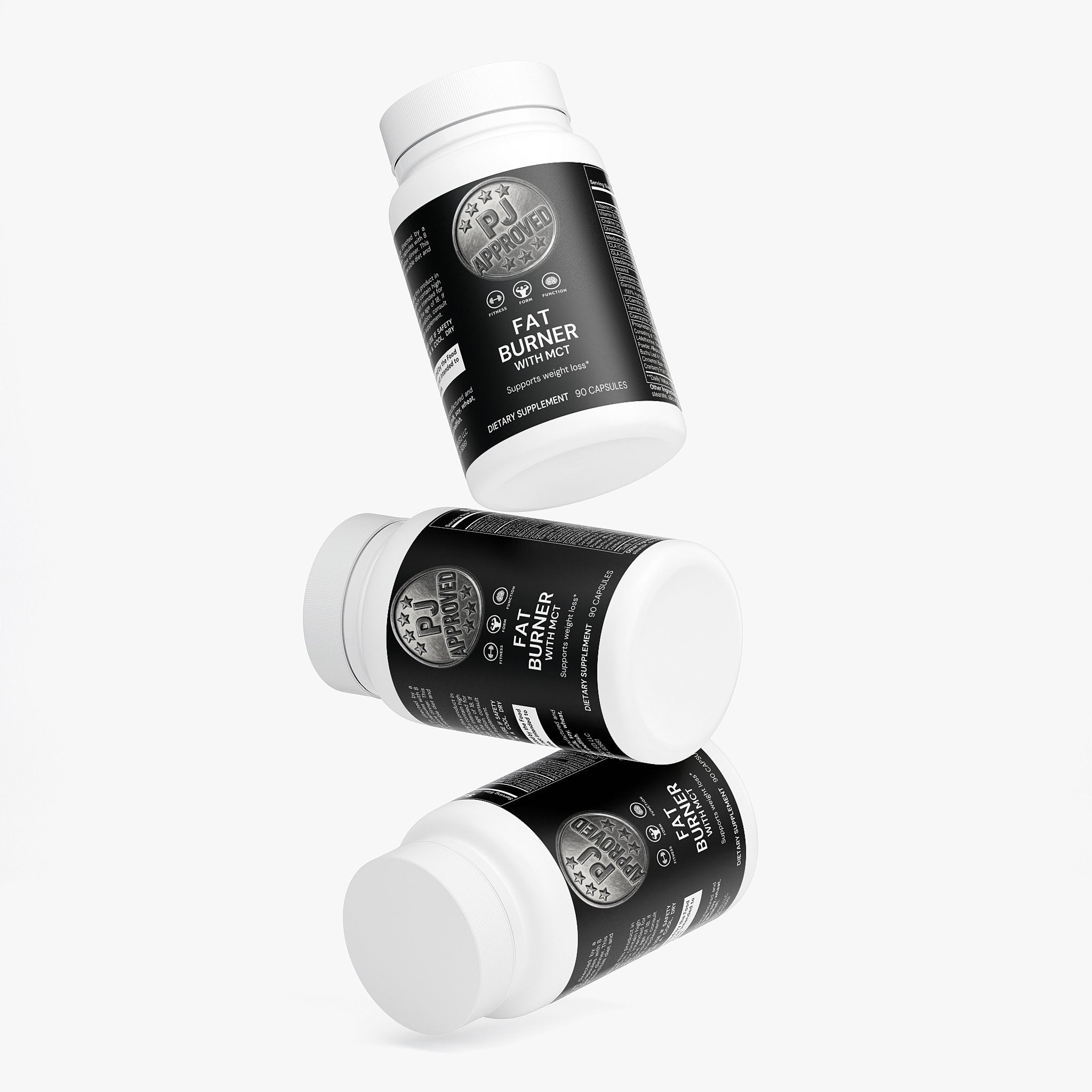 Three bottles of a supplement labeled 'Fat Burner' on a white background
