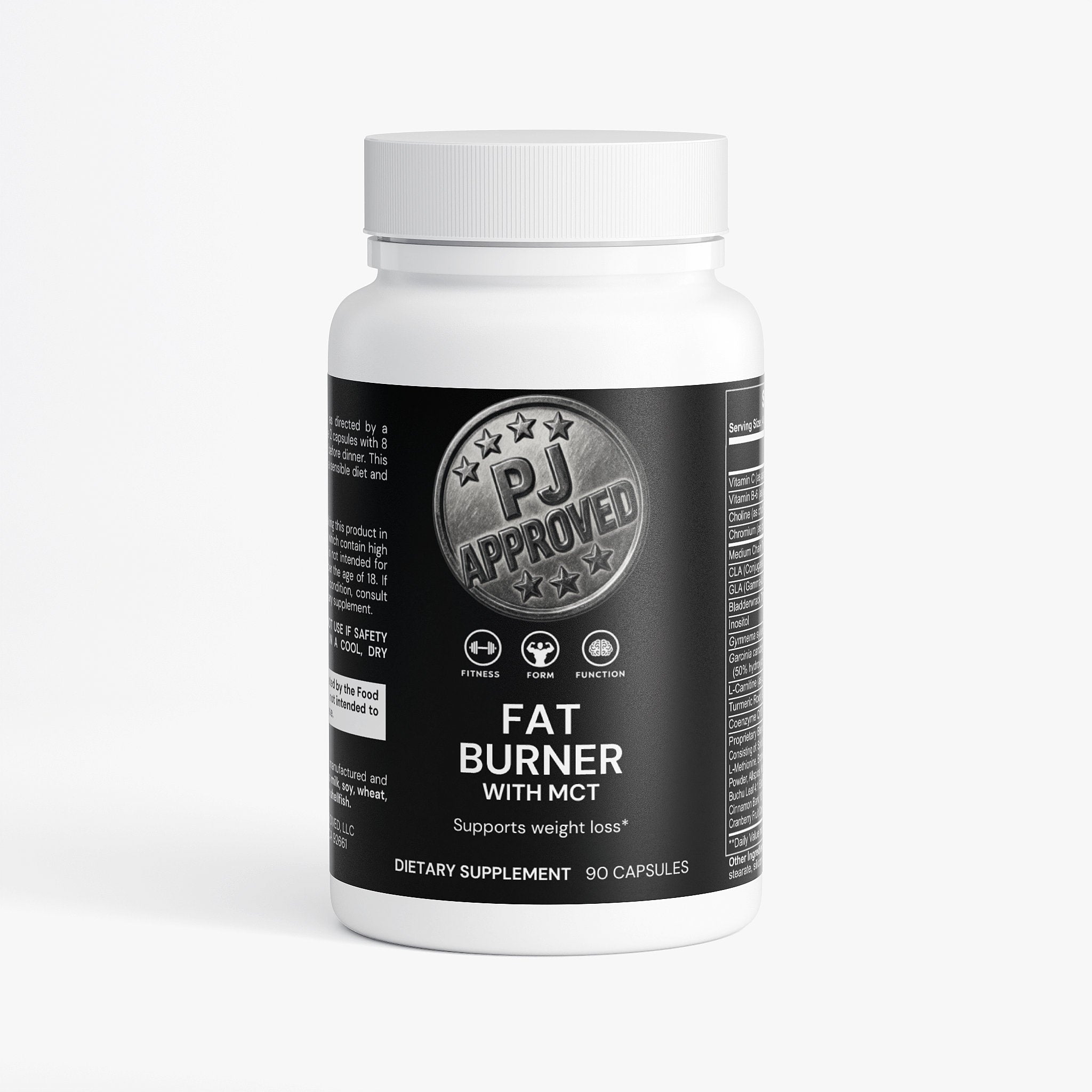 Fat burner supplement bottle with PJ Approved label on a white background