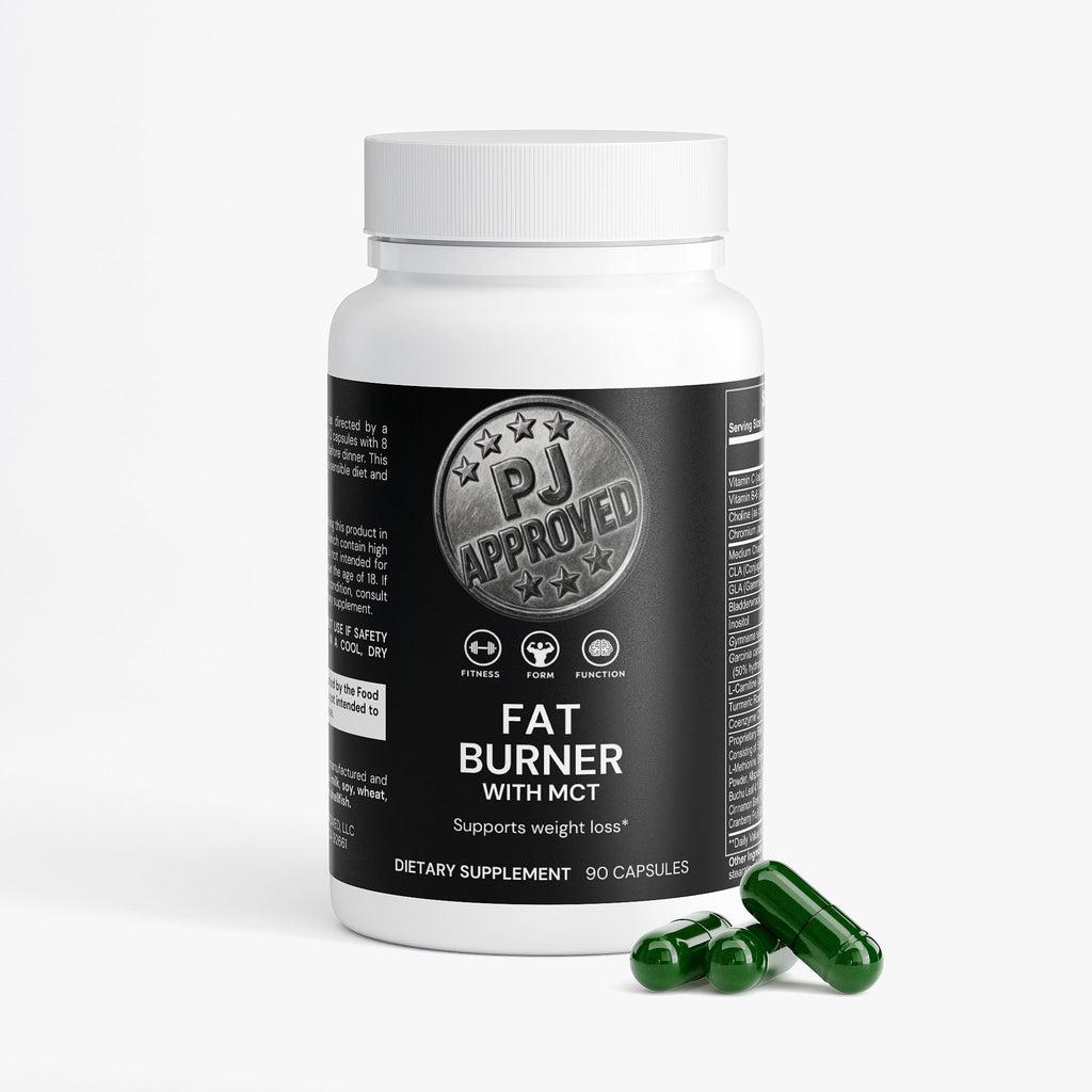 PJ Approved fat burner supplement bottle with capsules on a white background