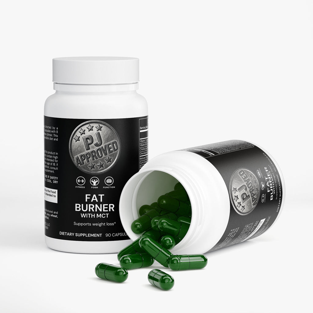 PJ Approved fat burner supplement with green capsules on a white background