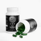 PJ Approved fat burner supplement with green capsules on a white background