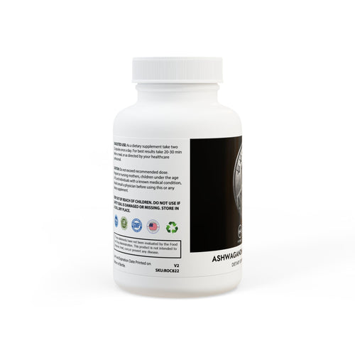 White supplement bottle with label on a white background