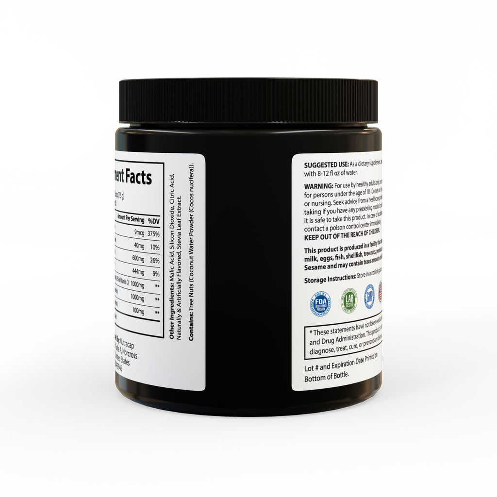 Black supplement jar with label on a white background