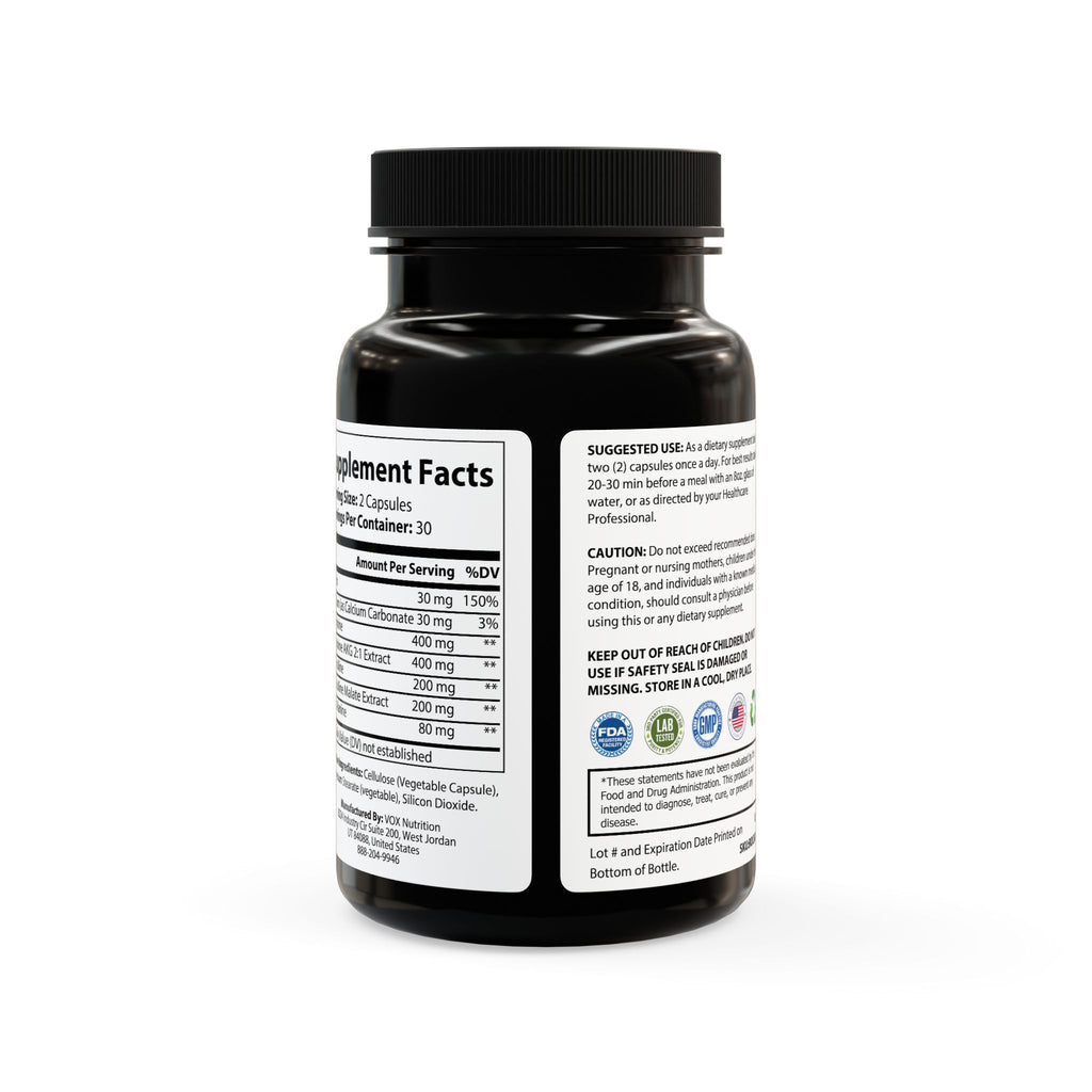Black supplement bottle with label on a white background