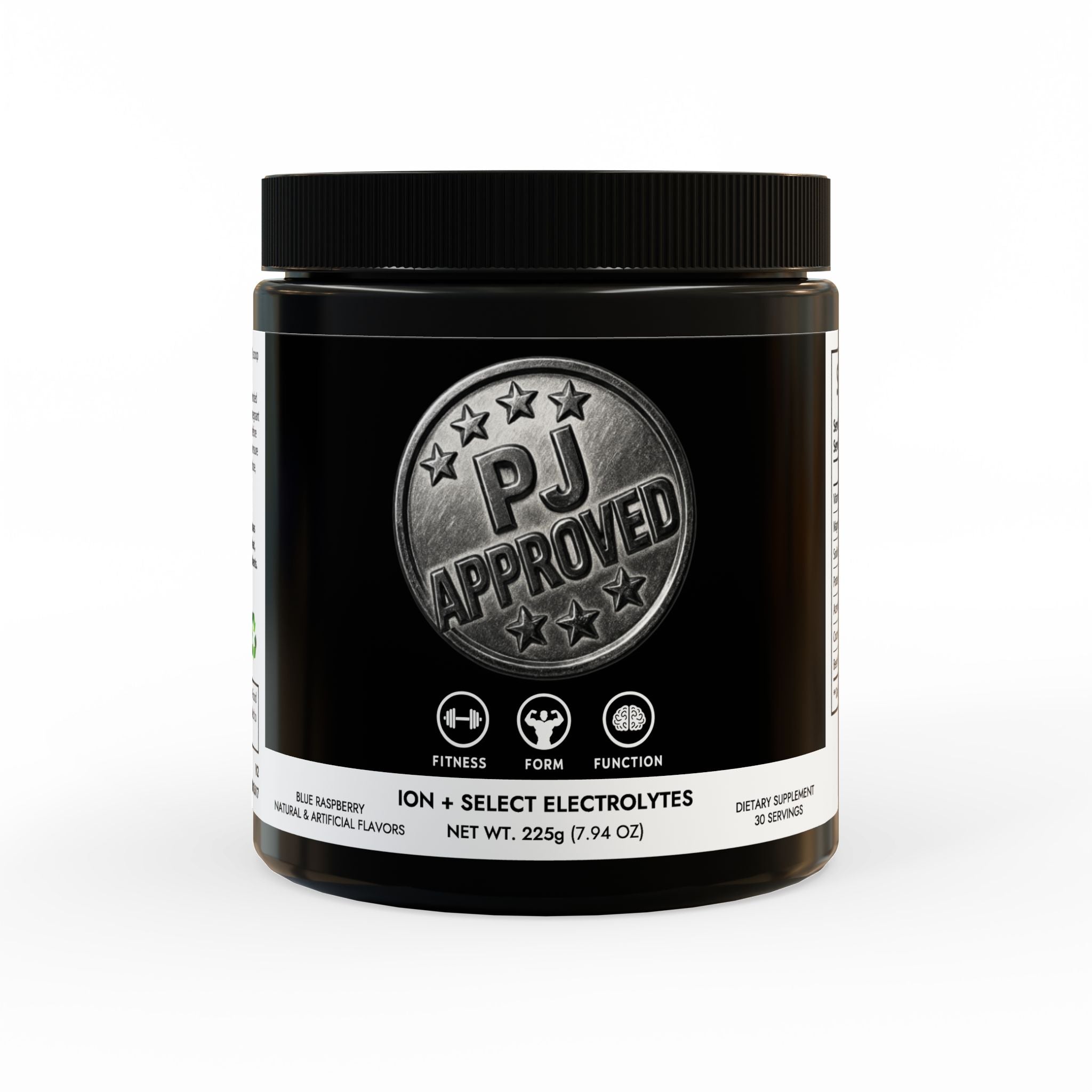 Black supplement jar with 'PJ Approved' label on a white background