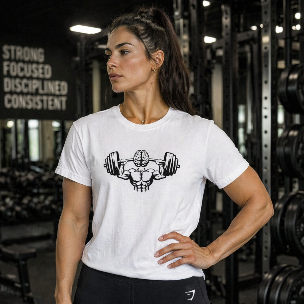 Brain Gains T-Shirt Barbell Skull Gym Workout Tee